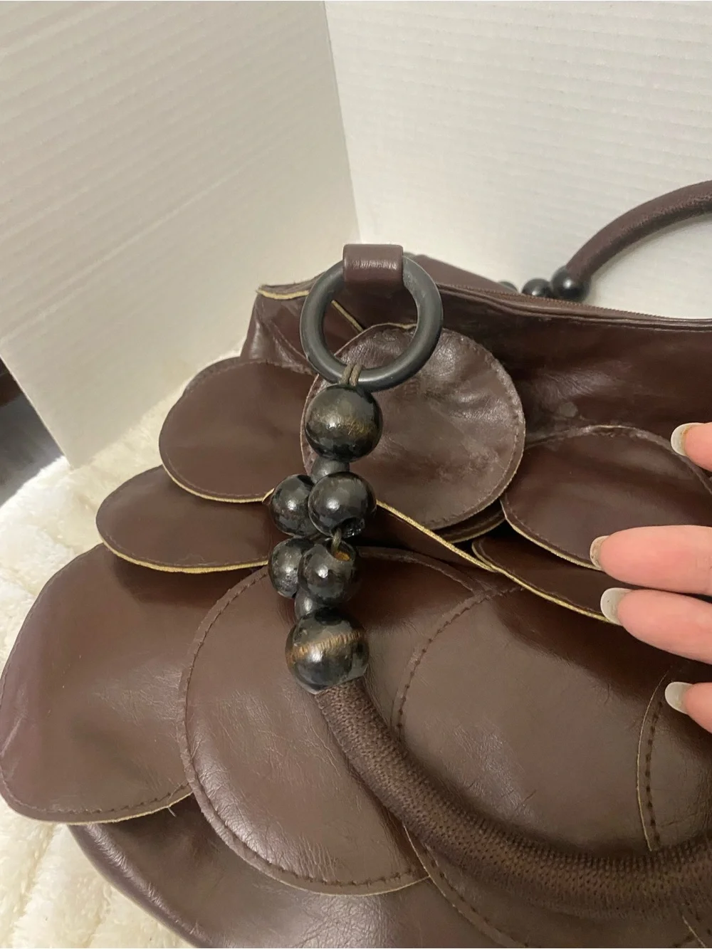 Bueno Brown Scalloped Fish Scale Disc Shoulder Bag with Beaded Handles